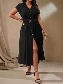 Roveilla 大码女式春夏法式优雅办公休闲连衣裙，V 领，收腰，银色 D 型扣腰带，金属纽扣装饰，A 字长裙 - 黑色 - 查看 3