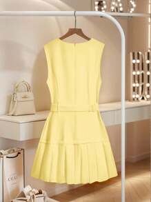 Franclia Elegant French Style Minimalist Daily Versatile Round Neck Sleeveless Cinched Waist Waist Pleated Hem Dress, Non-Stretch Woven White Dress, Business Casual Women's Spring/Summer White Graduation Dress, Pleated White Dress Summer Dress Clothes For University - Yellow - View 2