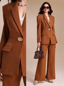 Spring Affair Solid Color Gold Button Women Suit Blazer, Women's Suits, Old Money Elegant Party Casual Business, Teacher Outfits For Women, Fall Women Outfits, Work Women Clothes, Formal And Modest Outfits