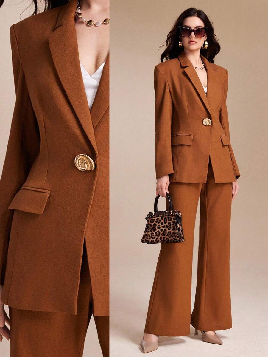 Spring Affair Solid Color Gold Button Women Suit Blazer, Women's Suits, Old Money Elegant Party Casual Business, Teacher Outfits For Women, Fall Women Outfits, Work Women Clothes, Formal And Modest Outfits