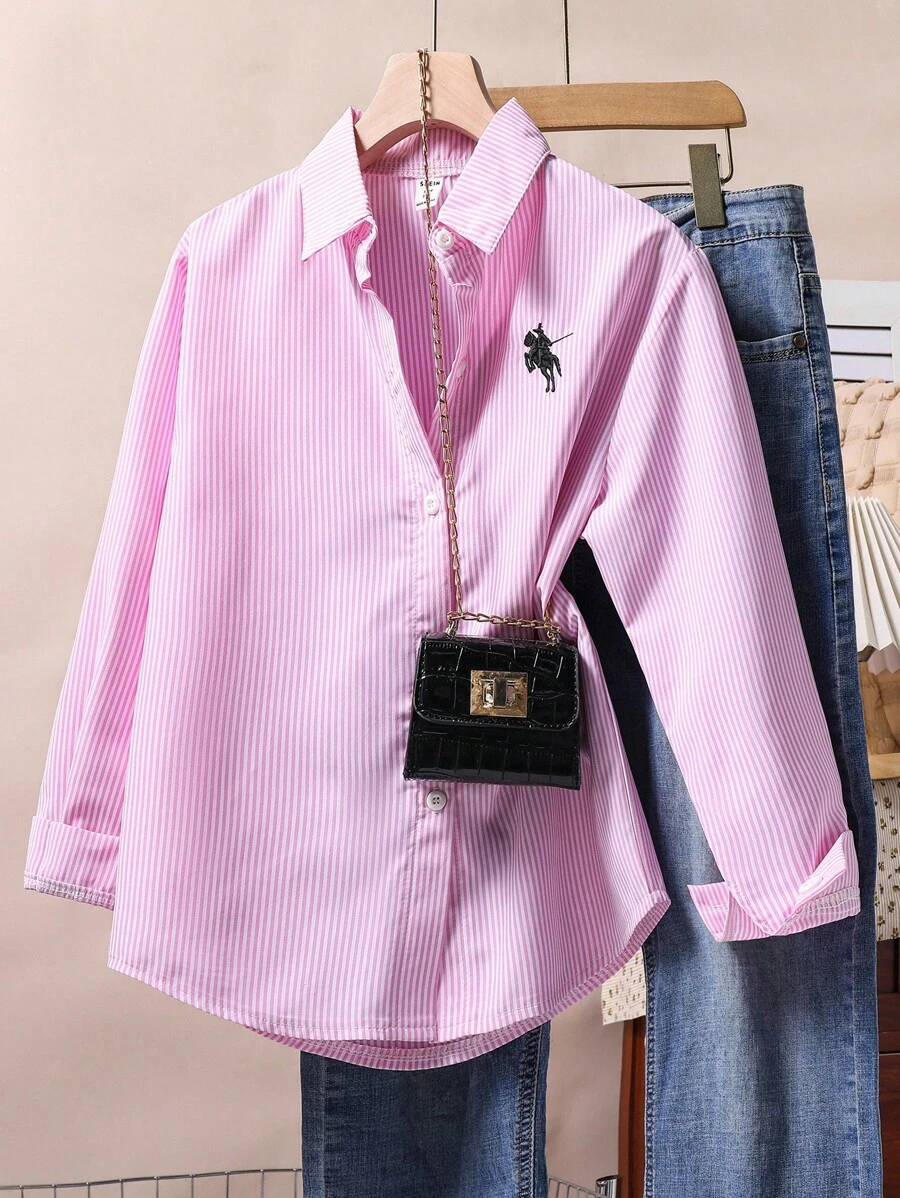 Sparklyn 1 件女童翻领长袖纽扣条纹衬衫，正面绣有图案，秋季休闲上衣 - 粉色 - 查看 1