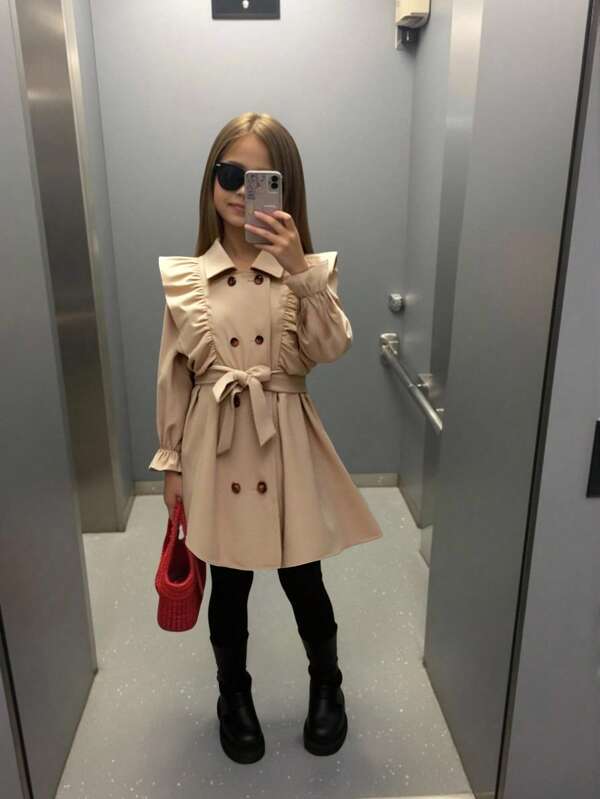 SHEIN Tween meisje Dubbel Rijn Knoppen Ruchestrim Flare mouwen Met riem Trench jassen