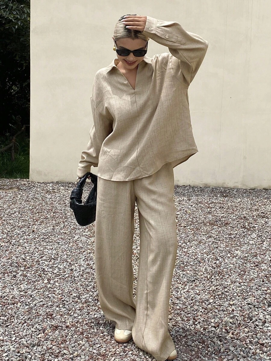 DAZY Conjunto de 2 piezas de top casual de manga larga con cuello en V y pantalones de ajuste holgado para mujer, otoño e invierno