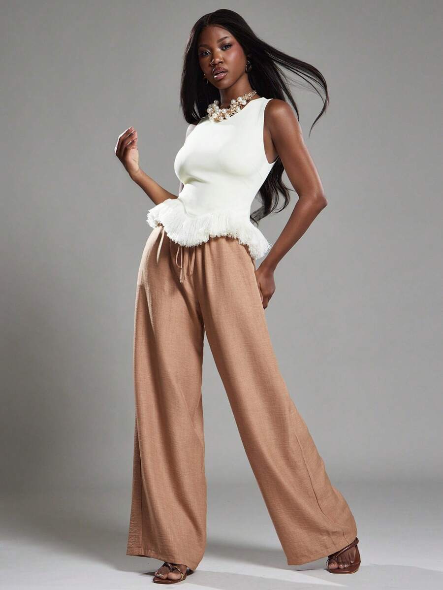 NYA SZN Trouser Tie Elastic Waistband Side Tie Ruched Linen Pants Beach Workwear S Brown - Brown - View 1