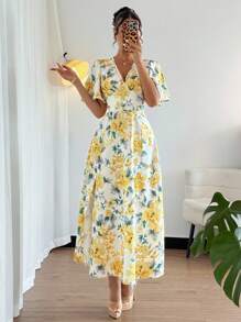 Chiquease 优雅荷叶边V领开衩印花连衣裙，春夏大学校园连衣裙 - 黃色 - 查看 3