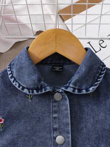 Tween Girls Denim Light Wash Blue Puff Sleeve Floral Embroidered Fashionable Casual Cute Everyday Outdoor Dress Floral Denim Dress Fall Winter - Light Wash - View 4