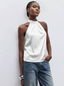 Maija 素色後綁帶掛脖上衣工作服 - 白色 - 查看 6