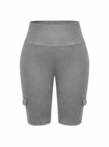 SHEIN LUNE Plus Size High Waist Fold-Over Cargo Running Shorts With Pockets, Tummy Control & Butt Lifting - Grey - View 3