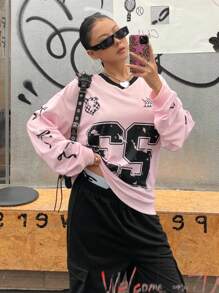 SHEIN Explorewe 1 Stück Teenager Mädchen Hoodie & Sweatshirt Co-Ords, lässiger Preppy Stil und sportlicher großer Buchstaben Aufdruck, Langarm, V-Ausschnitt, Drop-Shoulder, für Frühlung und Herbst - Verschiedenfarbig - View 9
