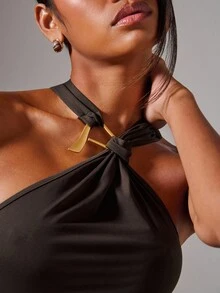 COSMINA Women's Elegant Fitted Knit Halter Neck 2 Pieces Set - Brown - View 7