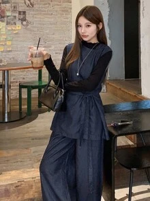 DAZY 女士日式无袖衬衫和宽松牛仔裤两件套，春秋 - 藍色 - 查看 4