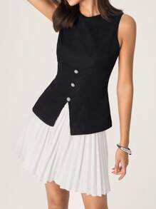 Modelyn 女士纯色纽扣设计褶皱下摆上衣和褶皱半裙时尚两件套，女士时尚优雅派对盛大晚宴闪耀秋季女装连衣裙，返校季服装，舒适柔软面料，送给妈妈的礼物，返校季贺卡黑白拼接休闲连衣裙两件套 - 黑色 - 查看 6