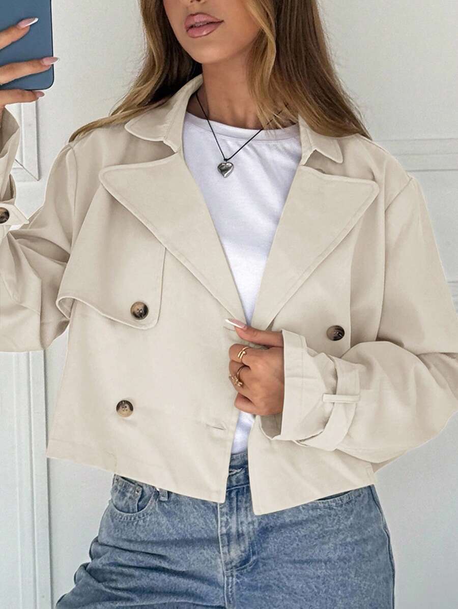 SHEIN EZwear Beige Woven Fabric Bomber Jacket With Lapel Neckline And Buttoned Front Design For Women Cropped Jacket In Fall/Winter - Beige - View 1