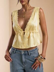 SHEIN BAE 黄色缎面蕾丝拼布吊带背心，适合度假、海滩、音乐节、早午餐、婚礼嘉宾、伴娘、春夏季