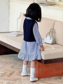 Genkimix Kids 2pcs/Set Young Girl Casual Long Sleeve Striped Dress And Heart Print Vest Outfit Chic Outfits For Autumn/Winter - Royal Blue - View 2