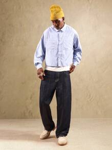 Camisa abotonada corta SUMWON con patrón de rayas, bolsillos parche, estilo de ropa de trabajo con doble bolsillo en el pecho, manga larga, ajuste holgado, uso casual, moda callejera de primavera y otoño, liso - Azul y blanco - Ver 4