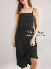 Ocili 女士简约天然亚麻舒适可调节肩带连衣裙家居服 - 黑色 - 查看 1