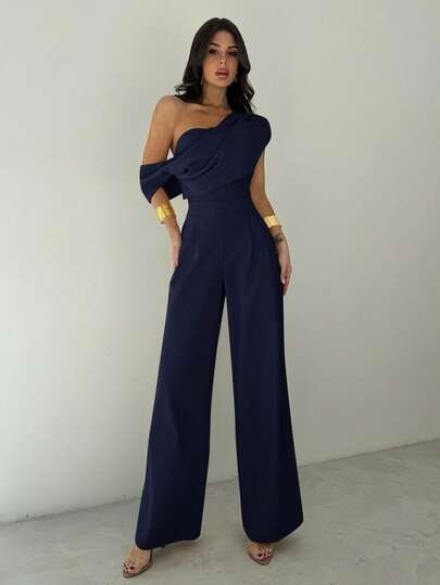 Firerie Women's Elegant Apricot Jumpsuit, Modest Asymmetric Neckline Draped Strapless Jumpsuit, Wide Leg Romper, Comfortable Sleeveless Jumpsuit, Suitable For Spring/Summer/Autumn/Winter, Beach Outfits, Airport Outfits, Vacation Outfits, Teacher Outfits