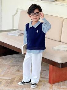 Genkimix Kids 2pcs/Set Boys' Striped Splice 2 In 1 Back To School Outfit, School Uniform, Children Back To School Clothing - Royal Blue - View 2