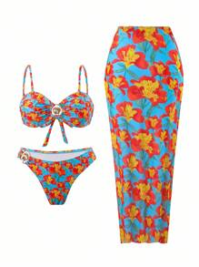 Swim Oasis 3 件套女士泳衣，随机花卉印花，性感细肩带抹胸上衣，三角泳裤，网眼罩裤，夏季泳装套装