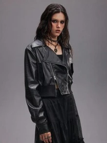 ROMWE EDITION Zipper Decor Deconstructed Hollow-Out PU Leather High Waist Super Short Motorcycle Jacket For Women - Black - View 6