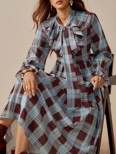 Florisole Vestido casual de mujer con volantes y manga larga a cuadros, adecuado para vacaciones, vestido a cuadros, vestido de cuadros, vestido con corbata en el cuello, vestido de otoño