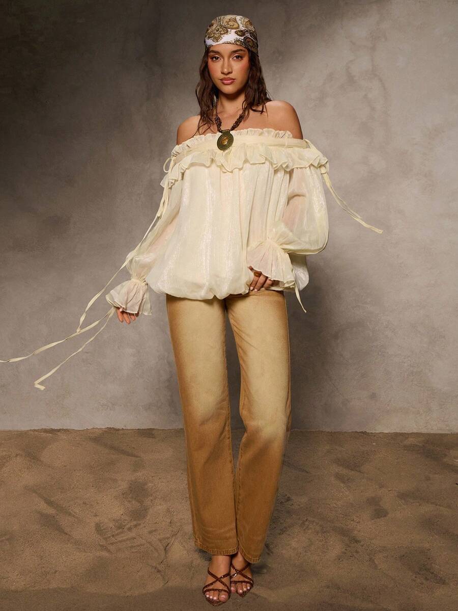 Aloruh 女士浪漫春夏假期波西米亚风露肩系带荷叶边灯笼袖露肩飘逸雪纺闪亮透明仙女风格杏色衬衫 - 杏色 - 查看 1