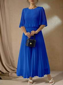 Elenzga Plus Size Solid Color Elegant Lady-Like Chiffon Pleated Dress, Spring/Summer Fall - Royal Blue - View 1
