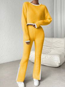 Chiquease 2pcs Contrast Trim Round Neck Long Sleeve Top And Split Hem Pants Knit Set Knitted Sweater Clothes For University - Mustard Yellow - View 3
