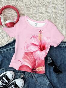 SHEIN Leap Crew 3pcs/Set Teen Girls Casual Chill Vacation Tropical Floral Print Crew Neck Short Sleeve Crop Top, Suitable For Summer Flower Tops Floral Tops Hibiscus Shirts Lily Shirts Girls Summer Tops - Multicolor - View 2