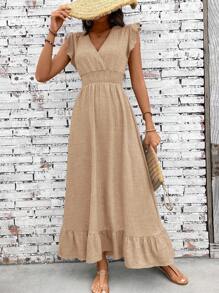 SHEIN Clasi 女士休闲简约腰部收褶长裙，适合度假 - 卡其色 - 查看 5