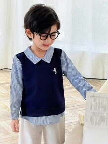 Genkimix Kids 2pcs/Set Boys' Striped Splice 2 In 1 Back To School Outfit, School Uniform, Children Back To School Clothing - Royal Blue - View 5