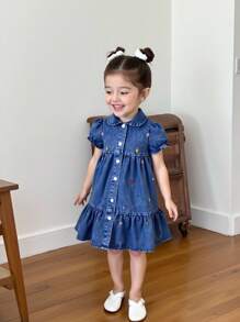Tween Girls Denim Light Wash Blue Puff Sleeve Floral Embroidered Fashionable Casual Cute Everyday Outdoor Dress Floral Denim Dress Fall Winter - Light Wash - View 3