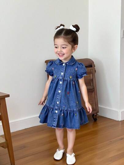 Elladie kids Tween 女童牛仔浅蓝色泡泡袖花卉刺绣时尚休闲可爱日常户外连衣裙