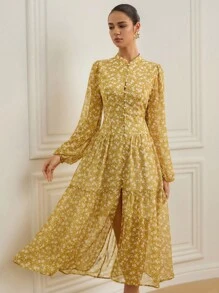 Aveloria Rosie New Autumn Fashion Random Ditsy Floral Chiffon Pearl Button Stand Collar Long Sleeve Women Long Dress Fall Cloth For Women