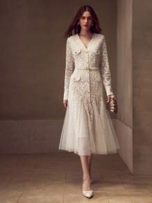 MOTF PREMIUM ELEGANT FAUX PEARL DECOR LACE CONTRAST MESH MERMAID HEM DRESS - White - View 7