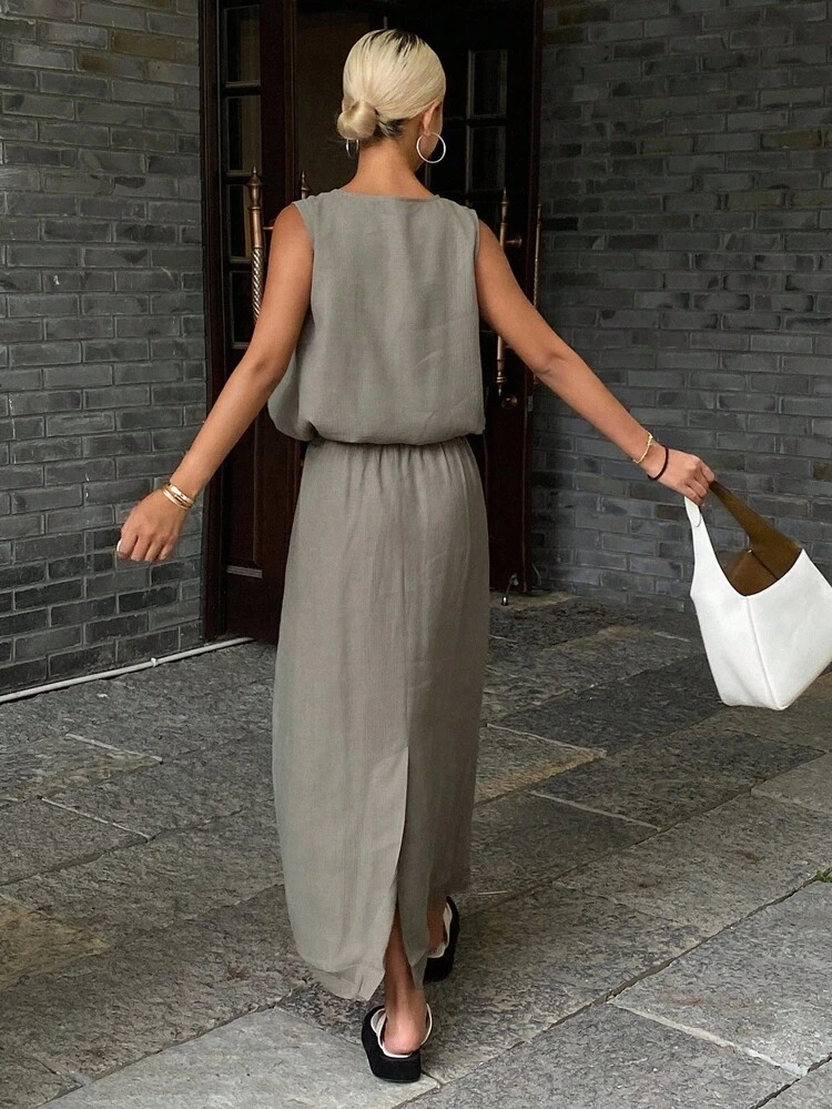 2pcs/Set Women Solid Color Fitted Crew Neck Sleeveless Top And Drawstring Waist Skirt, Casual Vacation Outfit, Spring/Autumn