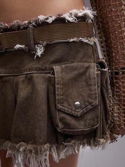 Grunge Punk Minifalda vaquera con diseño de bolsillos plisados, inspirada en el estilo vintage punk rock y de cintura baja para mujeres