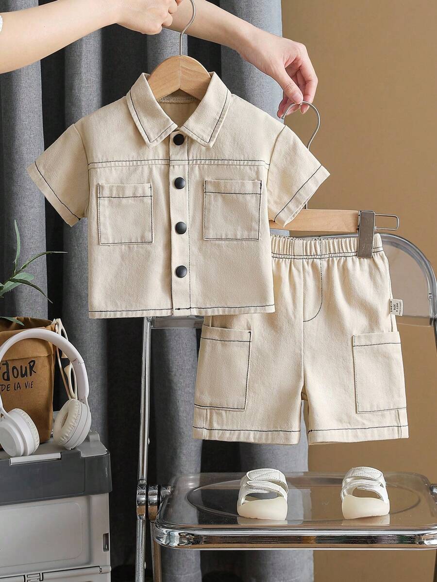 SHEIN Baby Jungen Set aus einfarbigem, modischem Hemd mit Utility-Kragen und kurzen Hosen, schlicht und elegant, geeignet für den Sommer, Baby-Jungen Kleidung, Kinderkleidung, Kleinkind-Kleidung, Baby-Outfit, Baby-Oberteile, Baby-Jungen Hemd, 6 Monate - 3 Jahre - Weiss - Übersicht 1