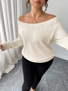Elenzga Suéter de manga larga con hombros descubiertos y decoración de perlas para mujer de talla grande - Blanco - Ver 5