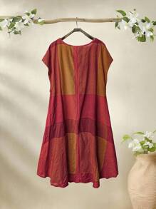 Rusticease 大码女式几何印花圆领短袖休闲宽松连衣裙 - 橘色 - 查看 2