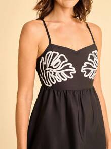 CAJUNI Women's Tropical Bohemian Style Leaf Print Sleeveless Mini Dress, Casual Holiday Beach Wear - Black and White - View 6