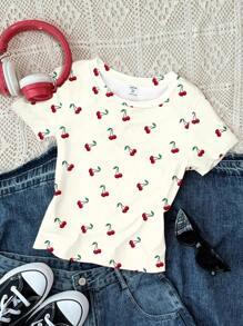 3 件套休闲度假，度假氛围，复古迷你樱桃海滩印花，多巴胺颜色，奶油黄色，奶油白色，青少年女孩休闲修身圆领短袖高腰短款常规 T 恤，适合夏季 - 彩色 - 查看 4