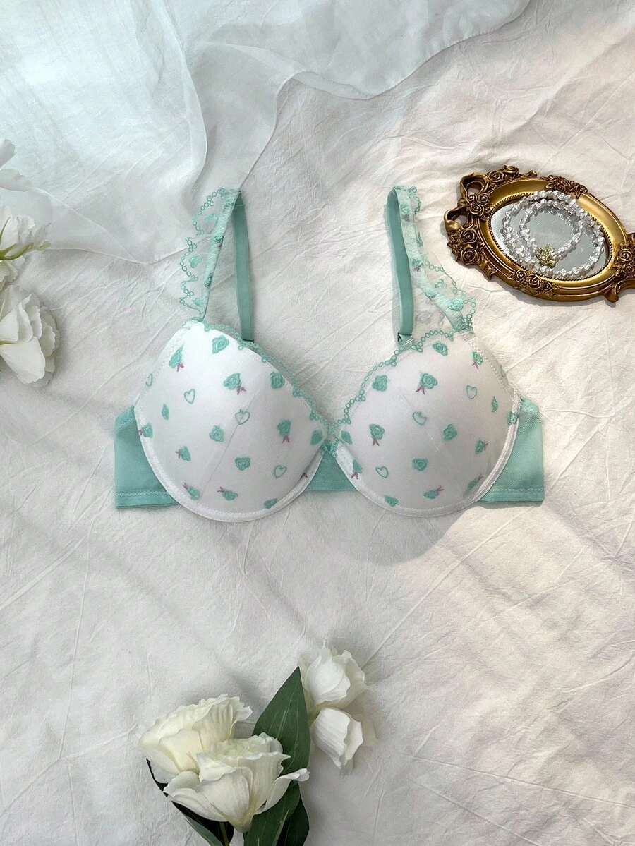 DelicateAllure Áo ngực có gọng cúp 3/4 thêu họa tiết, nâng ngực và tôn dáng, đồ lót nữ dễ thương và quyến rũ - màu xanh lá - Xem 1