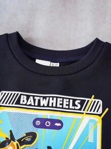 Batwheels X SHEIN 2 pièces/Set Sweat-shirt col rond motif de dessin animé pour jeune garçon et pantalon de survêtement à taille élastique - Bleu marine - Voir 3