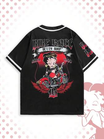Betty Boop | ROMWE Men's Personalized Cool Shirt: Black Baseball Style Top Motorcycle Print Button-Up V-Neck Shirt