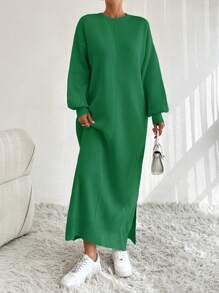 EURMUSE Women Drop Shoulder Long Sleeve Solid Color Long Knit Sweater Dress, Casual Style, Autumn/Winter - Green - View 4