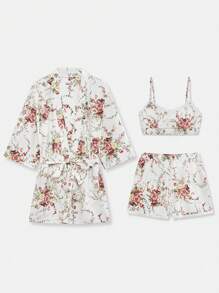 lacRébo 哑光缎面复古花卉和服休闲套装，搭配蕾丝花边短款上衣和松紧腰带短裤，秋冬 - 彩色 - 查看 7