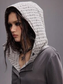 ROMWE EDITION Koszulka damska z kapturem i dopasowanym nadrukiem 2 w 1 "Y2K Romantic Punk Letter Print" - Szary - Zobacz 9