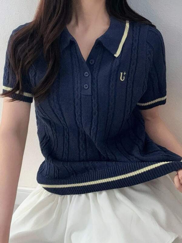 FRIFUL Women's Letter Pattern Polo Collar Short Sleeve Casual Knit Top